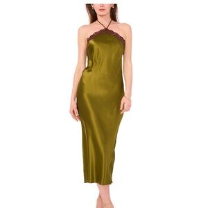 Women's Satin Sleeveless Midi Halter Slip Dress